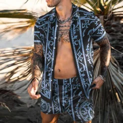 Online OUKU Men's 3D Print 2pcs Shirts Sets Summer Hawaiian Shirt Short Sleeve Short Pants Turndown Fashion Hawaiian Designer Outdoor Vacation Beach 3D Print Button-Down Summer Spring Black Blue Purple