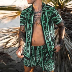 Online OUKU Men's 3D Print 2pcs Shirts Sets Summer Hawaiian Shirt Short Sleeve Short Pants Turndown Fashion Hawaiian Designer Outdoor Vacation Beach 3D Print Button-Down Summer Spring Black Blue Purple
