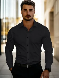 New OUKU Men's Daily Dress Casual Shirt Homecoming Standard Fit Long Sleeve Lapel Summer Solid Color Polyester Black White Grey 2025