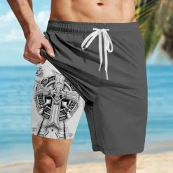 New OUKU Men's Dark Celtic Cross Halloween Costumes Lined Shorts 2 in 1 Board Shorts Swim Shorts Mid Waist Hawaiian Retro Vintage Holiday Streetwear Side Pockets With Compression Liner Elastic Drawstring Waist