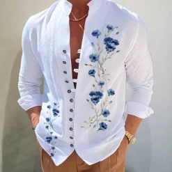 Hot OUKU Men's Dark Shirt Aloha Shirt Long Sleeve Fashion Designer Casual Vacation Daily Going out Fall Autumn / Fall Spring & Summer Stand Collar Print Black Black / Red Army Green Red Navy Blue