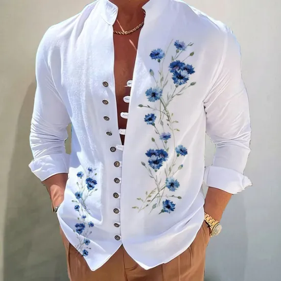 Hot OUKU Men's Dark Shirt Aloha Shirt Long Sleeve Fashion Designer Casual Vacation Daily Going out Fall Autumn / Fall Spring & Summer Stand Collar Print Black Black / Red Army Green Red Navy Blue
