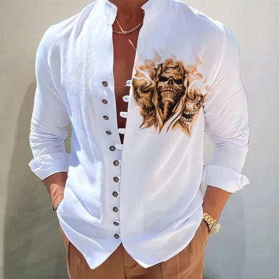 Hot OUKU Men's Dark Shirt Aloha Shirt Long Sleeve Fashion Designer Casual Vacation Daily Going out Fall Autumn / Fall Spring & Summer Stand Collar Print Black Black / Red Army Green Red Navy Blue
