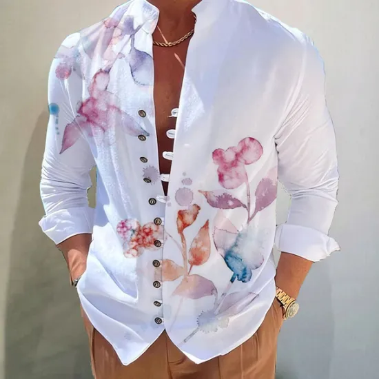Hot OUKU Men's Dark Shirt Aloha Shirt Long Sleeve Fashion Designer Casual Vacation Daily Going out Fall Autumn / Fall Spring & Summer Stand Collar Print Black Black / Red Army Green Red Navy Blue
