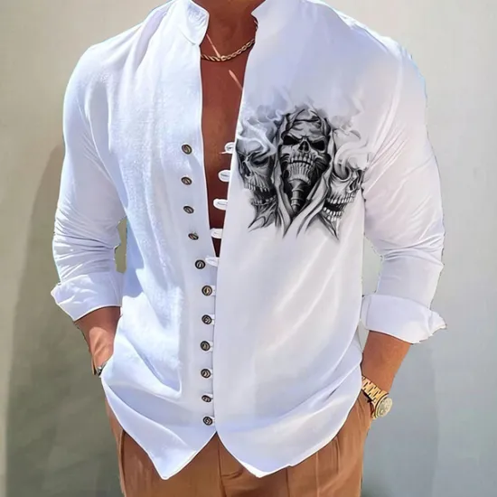 Hot OUKU Men's Dark Shirt Aloha Shirt Long Sleeve Fashion Designer Casual Vacation Daily Going out Fall Autumn / Fall Spring & Summer Stand Collar Print Black Black / Red Army Green Red Navy Blue