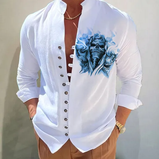 Hot OUKU Men's Dark Shirt Aloha Shirt Long Sleeve Fashion Designer Casual Vacation Daily Going out Fall Autumn / Fall Spring & Summer Stand Collar Print Black Black / Red Army Green Red Navy Blue