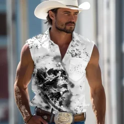 Outlet OUKU Men's Dark Skulls Shirt Western Shirt Cowboy Shirt Sleeveless Western Style Outdoor Work Causal Summer Spring Turndown 3D Print Button Up Shirts White Blue Green Khaki Gray