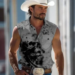 Outlet OUKU Men's Dark Skulls Shirt Western Shirt Cowboy Shirt Sleeveless Western Style Outdoor Work Causal Summer Spring Turndown 3D Print Button Up Shirts White Blue Green Khaki Gray