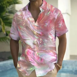 Best OUKU Men's Dazzle color Tropical Leaf Shirt Summer Hawaiian Shirt Button Up Shirt Short Sleeve Hawaiian Vacation Holiday Beach Wear Summer Spring Turndown 3D Print Collared Shirts Front One Pocket Pink