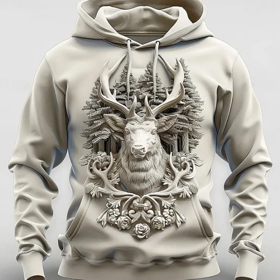 Best OUKU Men's Deer Hoodies Sweatshirt Fashion Cool Long Sleeve Crew Neck Party Holiday Streetwear Drawstring Fall Winter Designer White