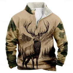 Discount OUKU Men's Deer Sweatshirt Quarter Zip Sweatshirt Long Sleeve Sweatshirt Stand Collar Quarter Zip Casual Vintage Retro 3D Print Vacation Going out Streetwear Half Zip Fall Winter Khaki