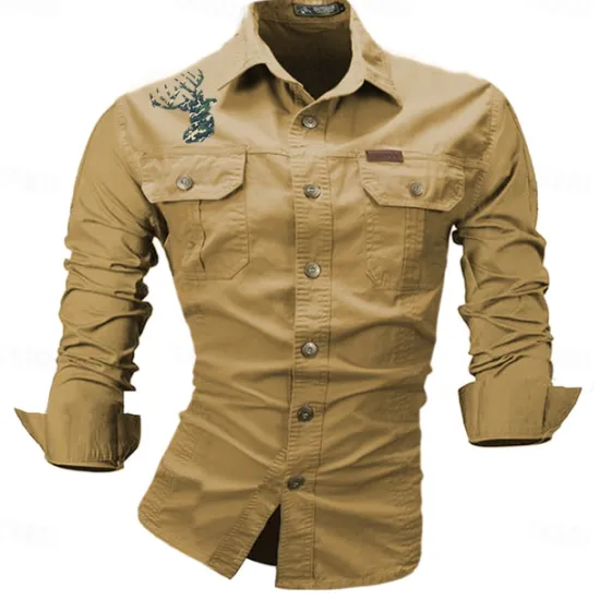 Best OUKU Men's Deer Work Shirt Western Shirt Cargo Shirt Long Sleeve Casual Sports & Outdoor Going out Winter Spring & Fall Turndown Print Black White Army Green Red Blue