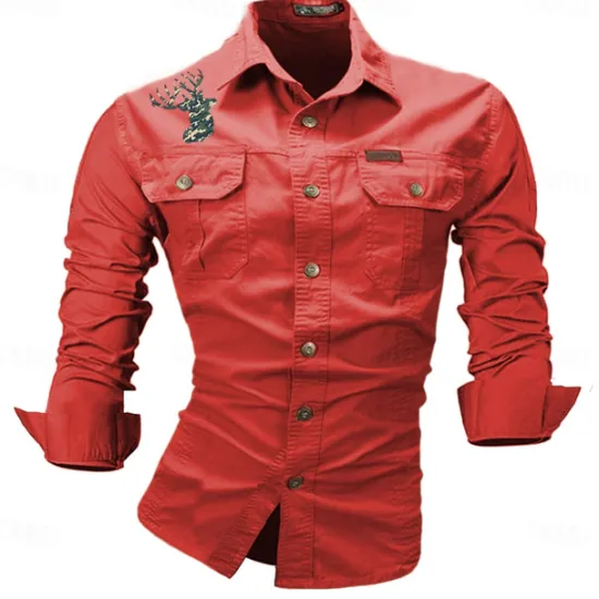 Best OUKU Men's Deer Work Shirt Western Shirt Cargo Shirt Long Sleeve Casual Sports & Outdoor Going out Winter Spring & Fall Turndown Print Black White Army Green Red Blue