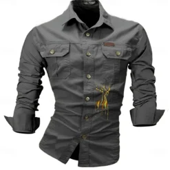 Best OUKU Men's Deer Work Shirt Western Shirt Cargo Shirt Long Sleeve Casual Sports & Outdoor Going out Winter Spring & Fall Turndown Print Black White Army Green Red Blue