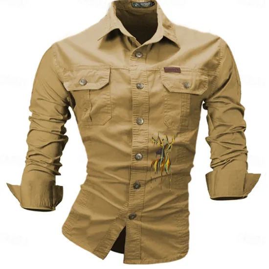 Best OUKU Men's Deer Work Shirt Western Shirt Cargo Shirt Long Sleeve Casual Sports & Outdoor Going out Winter Spring & Fall Turndown Print Black White Army Green Red Blue