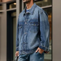 Clearance OUKU Men's Denim Coat Jean Jacket Denim Jacket Breathable Comfortable Casual Sports & Outdoor Going out Weekend Buttons Print Fall & Winter Turndown Long Sleeve Black Blue