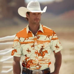 Best OUKU Men's Denim Shirt Western Shirt Cowboy Shirt Short Sleeve Western Style Tribal Summer Spring Shirt Collar Yellow