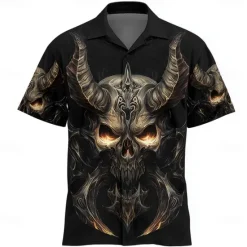 Online OUKU Men's Devil Flame Halloween Costumes Shirt Cuban Collar Shirt Button Up Shirt Short Sleeve Dark Punk Gothic Style Holiday Streetwear Summer Camp Collar Shirt 3D Print Black 1 Black Black 2