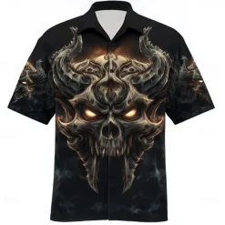 Online OUKU Men's Devil Flame Halloween Costumes Shirt Cuban Collar Shirt Button Up Shirt Short Sleeve Dark Punk Gothic Style Holiday Streetwear Summer Camp Collar Shirt 3D Print Black 1 Black Black 2