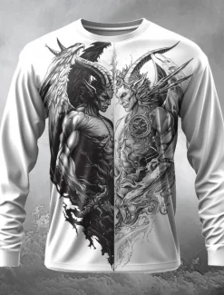 Online OUKU Men's Devil T Shirt Long Sleeve T shirt 3D Print Crew Neck Shirt Fashion Daily Designer Street Casual White 1 White Summer Spring Fall Clothing Apparel S M L XL XXL XXXL