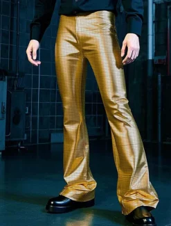 OUKU Men's Disco Pants Flared Pants Trousers Casual Pants Buttons Pocket Plain Comfort Party Stage Disco Lights Fashion Casual Micro-elastic Gold