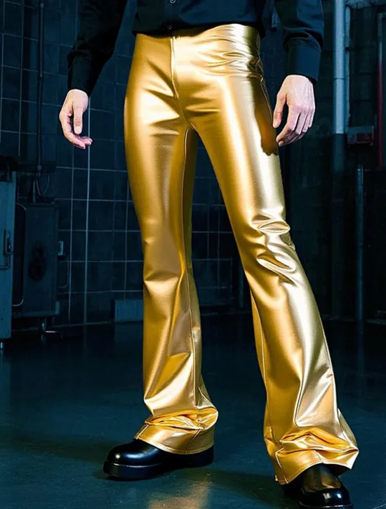 Best OUKU Men's Disco Pants Flared Pants Trousers Casual Pants Buttons Pocket Plain Comfort Party Stage Disco Lights Fashion Casual Micro-elastic Gold