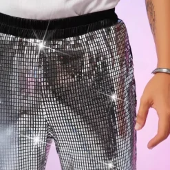 Online OUKU Men's Disco Pants Trousers Casual Pants Sequins Pocket Elastic Waist Plain Comfort Party Stage Disco Lights Vintage Glitters Silver Red Micro-elastic