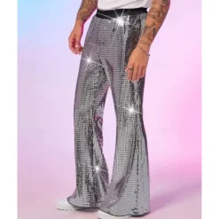 Online OUKU Men's Disco Pants Trousers Casual Pants Sequins Pocket Elastic Waist Plain Comfort Party Stage Disco Lights Vintage Glitters Silver Red Micro-elastic