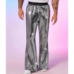 Online OUKU Men's Disco Pants Trousers Casual Pants Sequins Pocket Elastic Waist Plain Comfort Party Stage Disco Lights Vintage Glitters Silver Red Micro-elastic