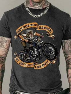 Online OUKU Men's Don't Mess With Old Bikers We Don't Just Look Crazy T Shirt Rude Style Cotton Short Sleeves Graphic Shirt Black White Navy Blue Comfortable Tee Street Fashion Designer Clothing