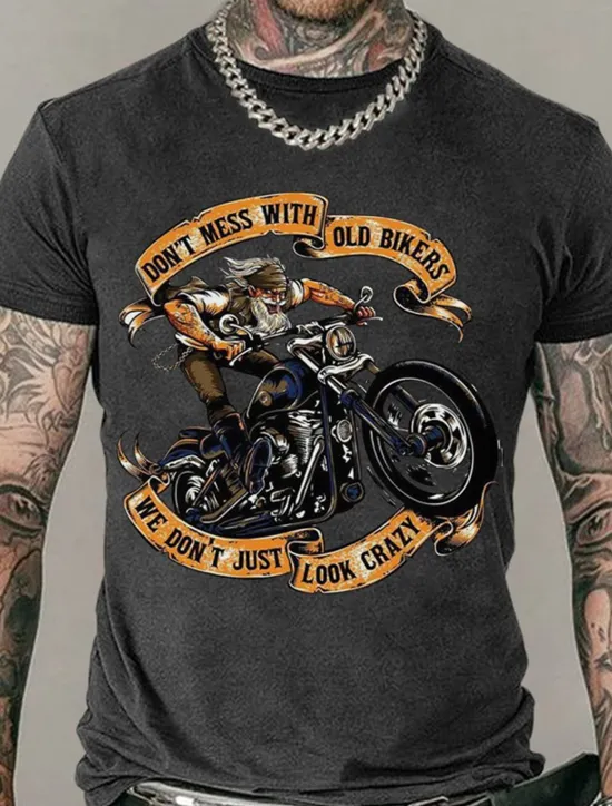 Online OUKU Men's Don't Mess With Old Bikers We Don't Just Look Crazy T Shirt Rude Style Cotton Short Sleeves Graphic Shirt Black White Navy Blue Comfortable Tee Street Fashion Designer Clothing
