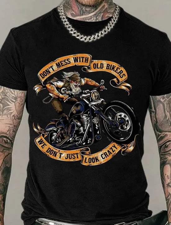 Online OUKU Men's Don't Mess With Old Bikers We Don't Just Look Crazy T Shirt Rude Style Cotton Short Sleeves Graphic Shirt Black White Navy Blue Comfortable Tee Street Fashion Designer Clothing
