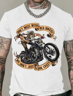 Online OUKU Men's Don't Mess With Old Bikers We Don't Just Look Crazy T Shirt Rude Style Cotton Short Sleeves Graphic Shirt Black White Navy Blue Comfortable Tee Street Fashion Designer Clothing