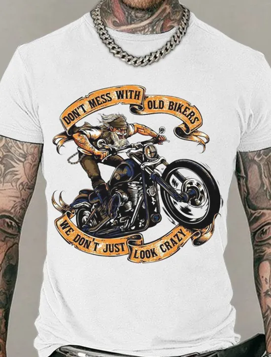 Online OUKU Men's Don't Mess With Old Bikers We Don't Just Look Crazy T Shirt Rude Style Cotton Short Sleeves Graphic Shirt Black White Navy Blue Comfortable Tee Street Fashion Designer Clothing