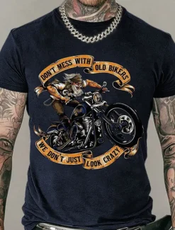 Online OUKU Men's Don't Mess With Old Bikers We Don't Just Look Crazy T Shirt Rude Style Cotton Short Sleeves Graphic Shirt Black White Navy Blue Comfortable Tee Street Fashion Designer Clothing