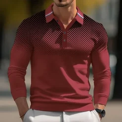 Discount OUKU Men's Dot Geometic Polo Long Sleeve Polo Shirts Collared Shirts Casual Outdoor Athleisure 3D Print Buttons Spring Fall Winter Black White Red