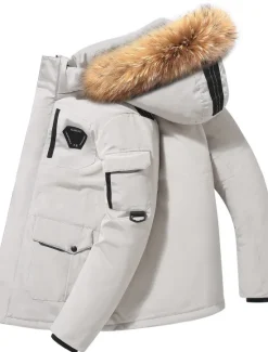 Best OUKU Men's Down Jacket Puffer Jacket Parka Fur Trim Work Daily Wear Long Casual Daily Casual Warm Winter Pure Color Black White Red Puffer Jacket
