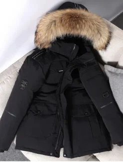 Best OUKU Men's Down Jacket Puffer Jacket Parka Fur Trim Work Daily Wear Long Casual Daily Casual Warm Winter Pure Color Black White Red Puffer Jacket