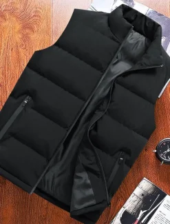 Discount OUKU Men's Down Vest Puffer Vest Vest Gilet Daily Date Vacation Fashion Casual Fall & Winter Pocket Polyester Warm Comfortable Plain Zipper Standing Collar Regular Fit Red Blue Vest Black