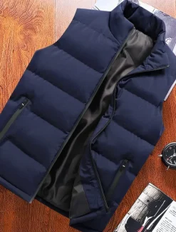 Discount OUKU Men's Down Vest Puffer Vest Vest Gilet Daily Date Vacation Fashion Casual Fall & Winter Pocket Polyester Warm Comfortable Plain Zipper Standing Collar Regular Fit Red Blue Vest Black