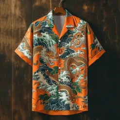 Discount OUKU Men's Dragon Button Up Shirt Printed Shirts Short Sleeve Subcultural Vacation Party Street Summer Cuban Collar Print Button-Down Pink Blue Purple Orange