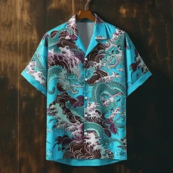 Discount OUKU Men's Dragon Button Up Shirt Printed Shirts Short Sleeve Subcultural Vacation Party Street Summer Cuban Collar Print Button-Down Pink Blue Purple Orange