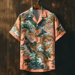 Discount OUKU Men's Dragon Button Up Shirt Printed Shirts Short Sleeve Subcultural Vacation Party Street Summer Cuban Collar Print Button-Down Pink Blue Purple Orange