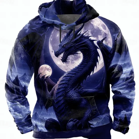 Best OUKU Men's Dragon 3D Hoodie Sweatshirt Cool Party Crew Neck Club Streetwear Purple Green Drawstring Fall Winter Designer