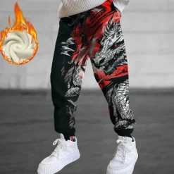 Hot OUKU Men's Dragon Fleece Sweatpants Drawstring Elastic Waist Casual Dark Outdoor Home Party Evening Wear Pocket Thermal Winter 3D Print Red