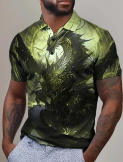Outlet OUKU Men's Dragon Golf Shirt Short Sleeve Polo Shirts Collared Shirts Casual Funny Vacation Wear Party Outfits Buttons 3D Print Summer Yellow Red Blue