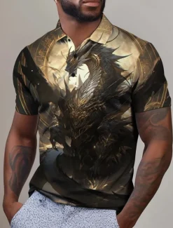 Outlet OUKU Men's Dragon Golf Shirt Short Sleeve Polo Shirts Collared Shirts Casual Funny Vacation Wear Party Outfits Buttons 3D Print Summer Yellow Red Blue