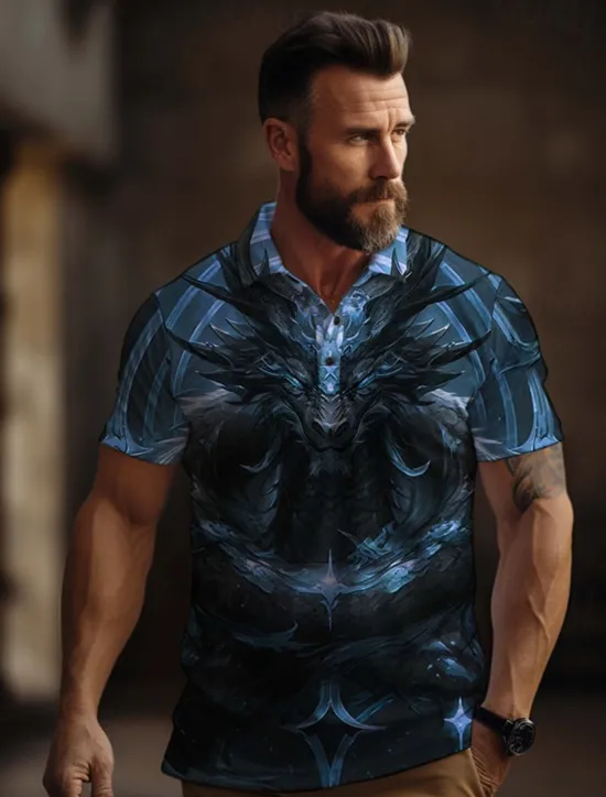 OUKU Men's Dragon Golf Shirt Short Sleeve Polo Shirts Collared Shirts Casual Funny Vacation Wear Party Outfits Buttons 3D Print Summer Blue Purple Gold