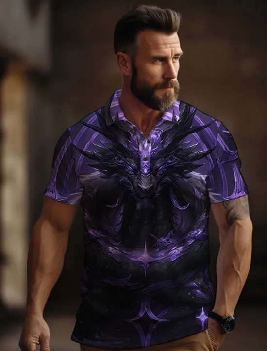 OUKU Men's Dragon Golf Shirt Short Sleeve Polo Shirts Collared Shirts Casual Funny Vacation Wear Party Outfits Buttons 3D Print Summer Blue Purple Gold