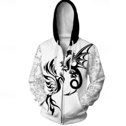 OUKU Men's Dragon Graphic Prints Hoodie Hoodies Sweatshirt Streetwear Designer Long Sleeve Hooded Sports & Outdoor Daily Sports Zipper Print Spring & Fall Designer White